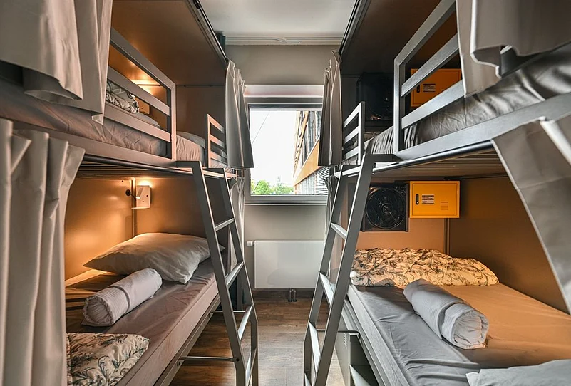 The sleek bunk beds at the hostel